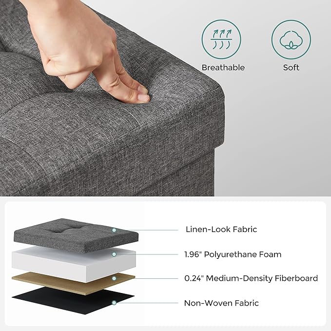 SONGMICS 15 Inches Cube Storage Ottoman, Bedroom Bench with Storage, Foot Stool with Feet, Holds Up to 660 lb, Dark Gray ULSF14GYZ-Ruum Studio Home