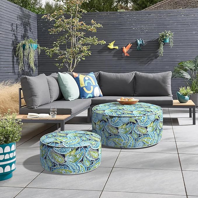 Inflatable Ottoman Stool D31 xH14 for Outdoor/Indoor Use, Water Repellent Patio Foot Rest with Portable Handle,Round Pouf Ottoman Suitable for Garden,Deck and Camping - Paisley Lapis Green-Ruum Studio Home