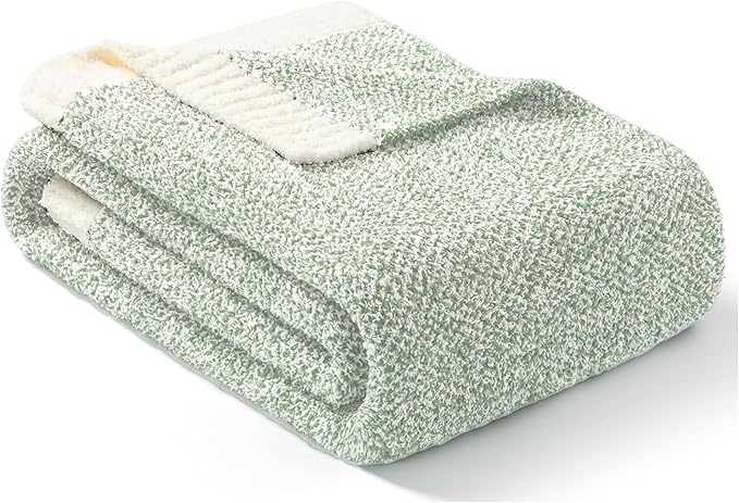Snuggle Sac Heather Sage Green Throw Blanket for Couch, Reversible Super Soft Knitted Blankets Warm Cozy Fuzzy Throws for Sofa, Bed, Camping, Sage Green, 50x60 inches-Ruum Studio Home