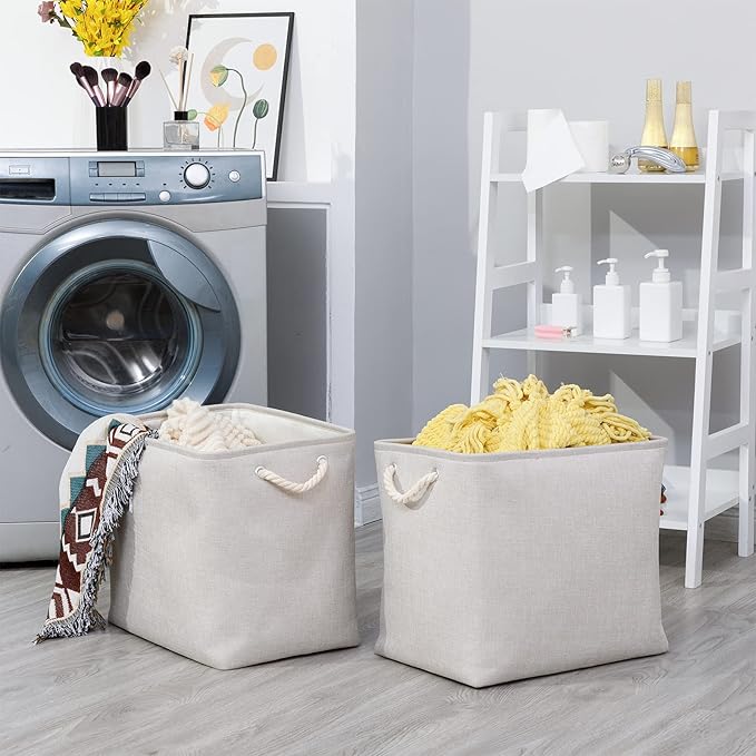 Bidtakay Fabric Beige Baskets Extra Large Organization Baskets for Clothes Set of 2 Collapsible Storage Bins for Shelves Cabinet 17x12x15 In Organizing Bins for Bedroom Blankets Pillow Towels Storage-Ruum Studio Home