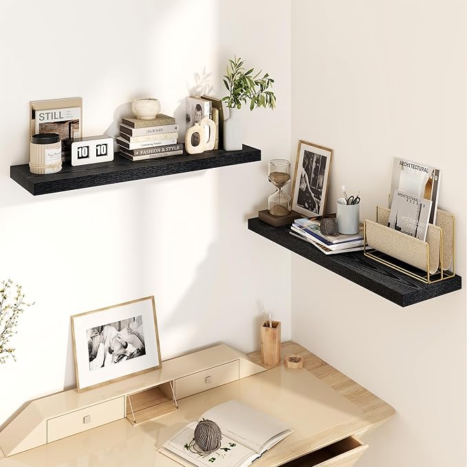 30 Inch Floating Shelves, Rustic Floating Wall Shelves 8 Inch Deep, 30 x 8 Floating Shelves for Home Decor, Deep Display & Storage Shelves for Kitchen, Bathroom, Living Room, Black Color, Set of 2-Ruum Studio Home