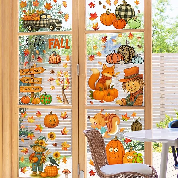 DC-BEAUTIFUL 153 Pcs Fall Window Clings, 12 Sheets Double Sided Autumn Pumpkin Scarecrow Maple Leaf Glass Stickers, Reusable Static Thanksgiving Window Decals Party Decors for Home Office School Shop-Ruum Studio Home