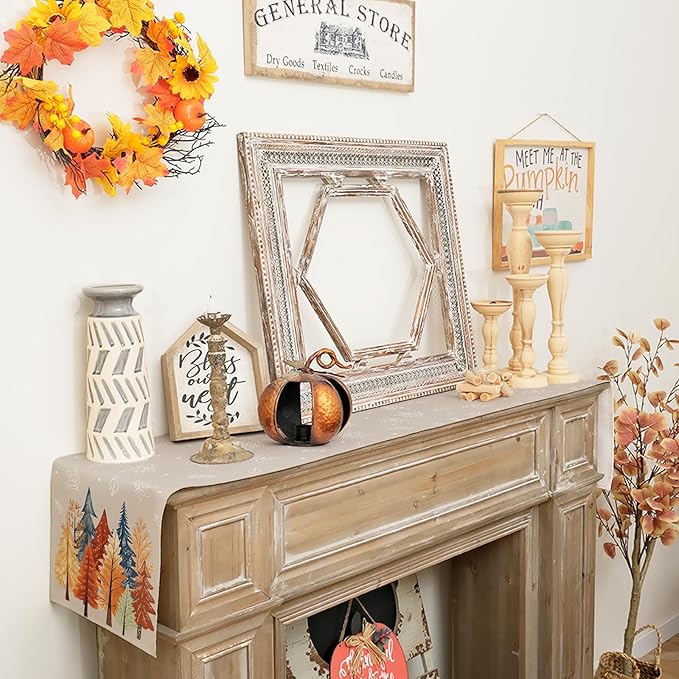 GEEORY Fall Watercolor Trees & Maple Leaves Table Runner 13x72 Inch, Rustic Farmhouse Autumn Thanksgiving Decor for Kitchen, Dining, Indoor/Outdoor Holiday Dinner Party Orange Grey GT159-72-Ruum Studio Home