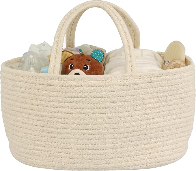 Diaper Caddy Organizer Cotton Rope Baby Basket Nursery Storage and Portable Tote Bag for Car Ideal Baby Shower Gifts and Registry Must-Have for Newborn Essentials Large beige-Ruum Studio Home