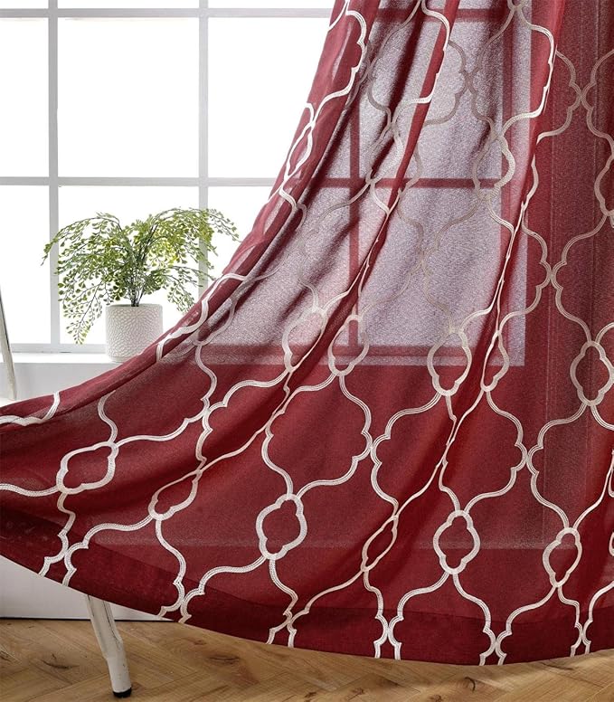 MIUCO Moroccan Embroidered Semi Sheer Curtains Faux Linen Grommet Curtains for Living Room 52 x 63 Inch 2 Panels, Burgundy-Ruum Studio Home