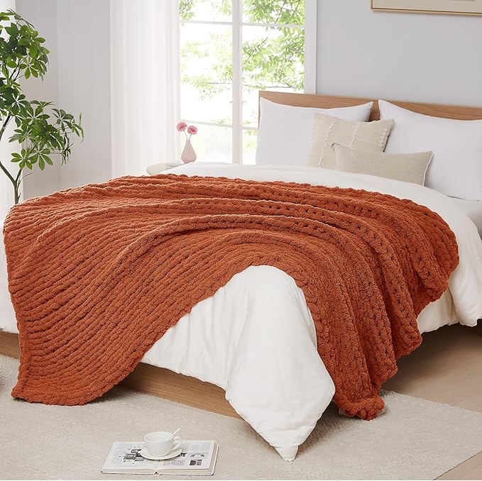 L'AGRATY Chunky Knit Blanket Throw: 60''x80'' Chenille Chunky Knitted Throw Blanket for Bed Couch - Handmade Thick Big Cable Knit Blanket - Large Crochet Rope Blanket for Home Decor(Rusty Orange)-Ruum Studio Home