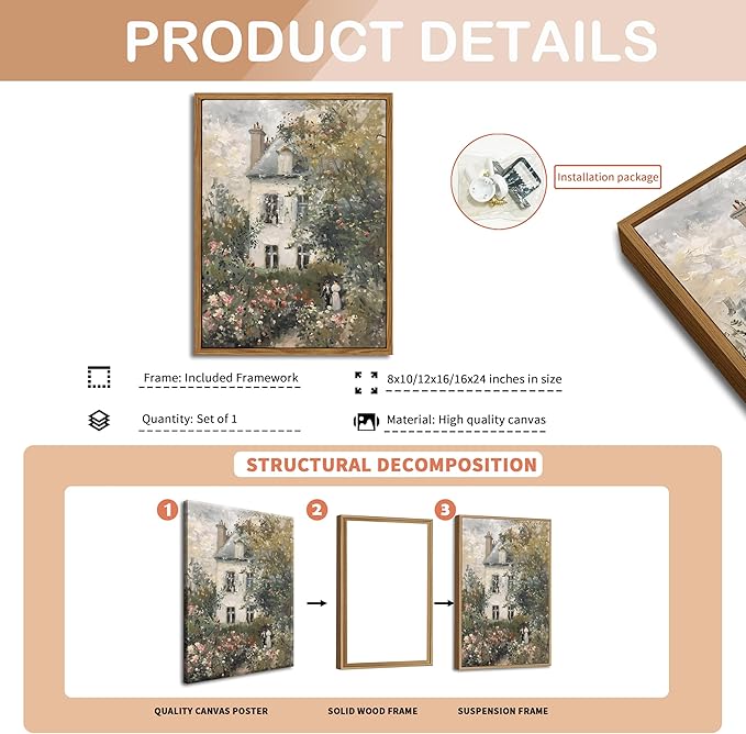 Floating Framed Canvas Vintage Wall Art, Neutral English Cottage Rose Garden Oil Paintings Print, Spring Pictures Wall Decor for Living Room Hallway Bedroom Office Rustic Decor 8x10 inch-Ruum Studio Home