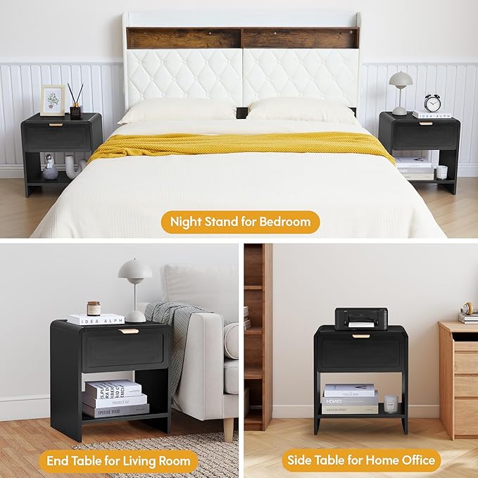 LEVNARY Nightstand with Charging Station, Mid-Century Modern Bedside Table with Curved Top Corners and Storage Drawer, Wooden End Table for Farmhouse Bedroom Living Room (1, Black)-Ruum Studio Home