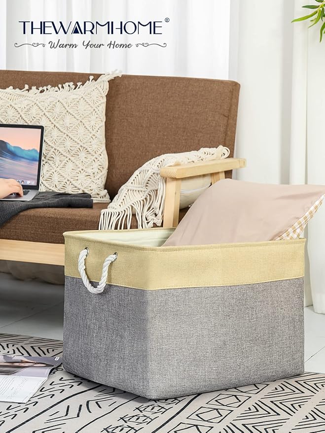 TheWarmHome Storage Bins Baskets for Organizing - Extra Jumbo 3 Pack 20.5Lx15.7Wx13.8H Sturdy Fabric Storage Basket for Shelves, Decorative Foldable Closet Nursery Toy (Gold&Grey)-Ruum Studio Home