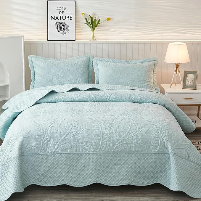 MarCielo 3-Piece 100% Cotton Oversized Bedspread Lightweight Quilt Coverlet Embroidery Farmhouse Bedding Set T0 (Aruba Blue, Oversized Queen (100"x106"))-Ruum Studio Home