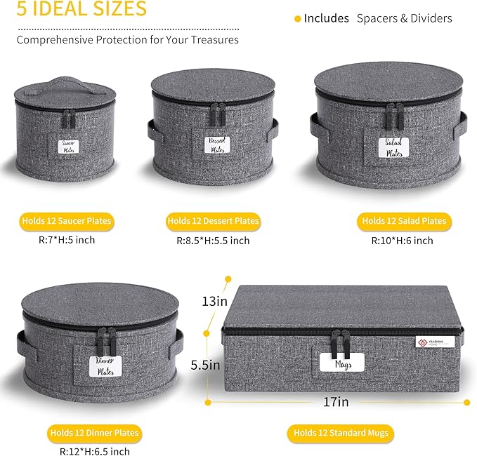 YearningHome China Storage Containers,Hard Shell Box with Felt Dividers for Dishes,Dinnerware,Plates,Mugs,Wine and Glasses,Mugs,Stackable Fine China Storage for Moving and Packing 5 Piece,Grey-Ruum Studio Home