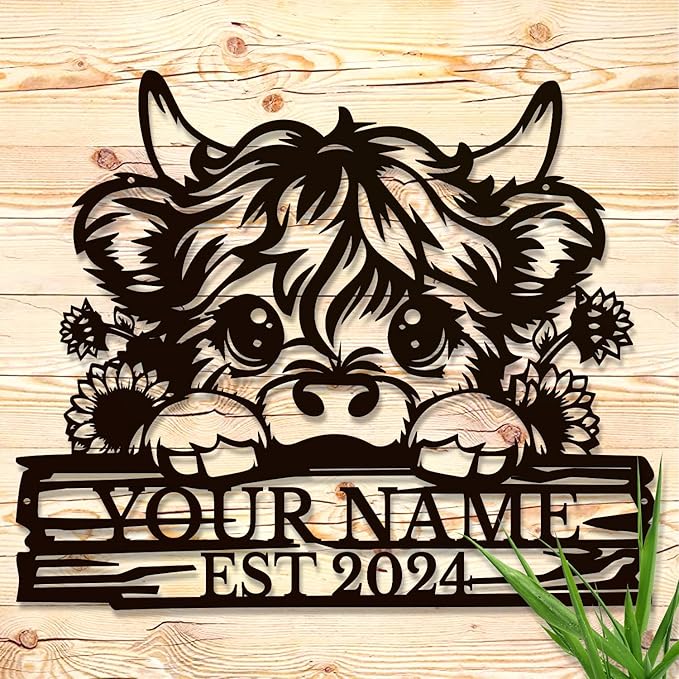 Personalized Highland Cow Name metal Signs,Custom Highland Cow Metal Shed Wall Decor,Black Metal Wall Art Plaques Outdoor wall Decorative Signage (Style D)-Ruum Studio Home