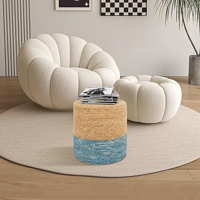 16'' Round Ottoman Natural Seagrass Braided Poof Hand Weaving Round Ottomans Boho Footrest Stool for Home Living Room Bedroom Patio(Natural&Blue)-Ruum Studio Home