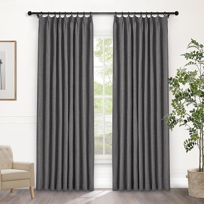 Macochico Pinch Pleated Full Blackout Curtains for Bedroom Living Room Natural Grey Linen Curtains Thermal Insulated and Noise Reducing Window Panels with Tieback Shabby Chic Decor 84”Wx84”L 1 Panel-Ruum Studio Home