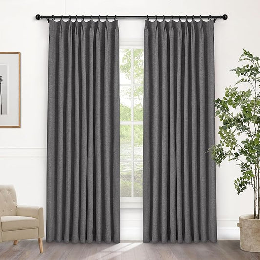 Macochico Pinch Pleated Blackout Linen Curtains 96 Inches Long 100% Light Blocking Burlap Curtains for Bedroom Living Room Thermal Window Panels with Tieback 72”Wx96”L Natural Grey 1 Panel