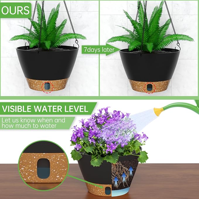 ZMTECH 8 Inch Hanging Planters for Indoor Plants, Hanging Baskets for Plants Outdoor with Visible Water Level, Hanging Flower Pots with Drainage Holes & Removable Tray(2 Pack, Gray)-Ruum Studio Home