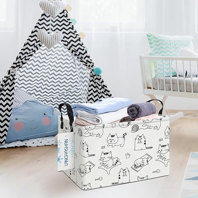 LANGYASHAN Rectangular Storage Bin Collapse Canvas Fabric Cartoon Storage Basket with Handles for Organizing Home Kitchen Boys and Girls Toys Office Closet Shelf Baskets (Rec Cat)-Ruum Studio Home