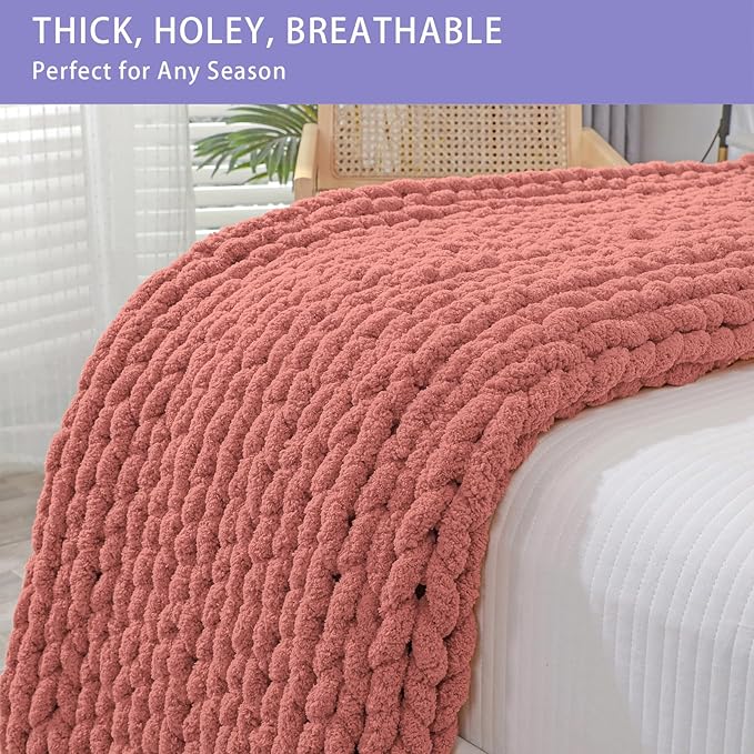 Bigacogo Chunky Knit Throw Blanket for Couch, 40x60 inches, 100% Hand Knitted with Thick Jumbo Chenille Yarn, Cozy Soft Large Rope Knot Cable Crochet Blankets for Sofa Bed Living Room, Antique Red-Ruum Studio Home