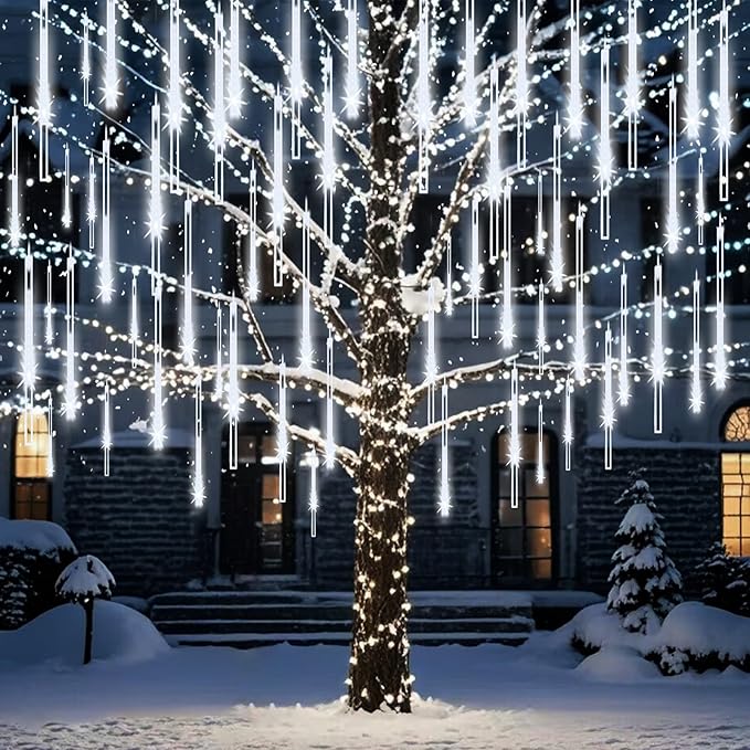 Meteor Shower Lights Christmas Lights Outdoor 24-Tube 576LEDs Snow Falling Rain Cascading Icicle Lights for Xmas Tree Christmas Decorations Wedding Party Holiday Garden Decor, UL Plug White-Ruum Studio Home