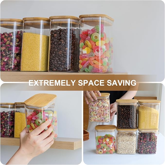 Liuruiyu Glass Storage Jars 12 * 8cm [Set of 6],Clear Glass Food Storage Containers with Airtight Bamboo Lid Stackable Kitchen Canisters for Candy,Cookie,Rice,Sugar,Flour,Pasta(Square)-Ruum Studio Home