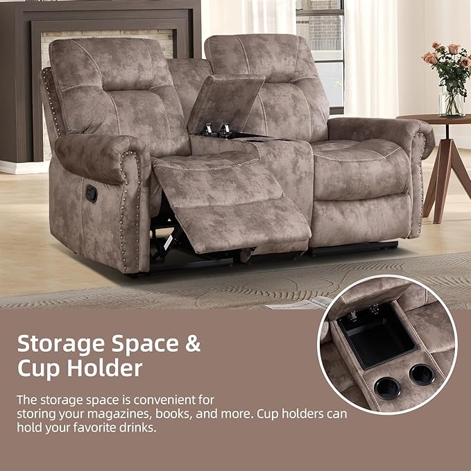 EBELLO Manual Recliner Loveseat Sofa, 2 Seater Reclining Couch Chair with Center Console, Hidden Storage and Cup Holders, Vintage Rivet Mid-Century Design for Living Room, Meeting Room, Brown-Ruum Studio Home
