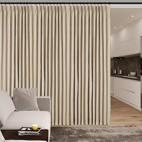 100% Blackout Linen Textured Drapes for Bedroom Pinch Pleated Curtains for Track System Portable Drapery for Sliding Glass Door/Storage/Space Room Divider, 70" Wx102 L, 1 PC, Sand Beige-Ruum Studio Home