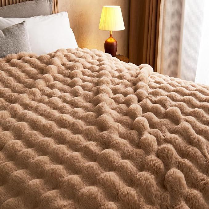 Lotus Karen King Size Faux Fur Blanket Khaki - Big Bubble Rabbit Fluff Blanket for Bed, Large Fluffy Fuzzy Cozy Blanket, Thick Furry Plush Shaggy Blankets, 108x90 Inches-Ruum Studio Home