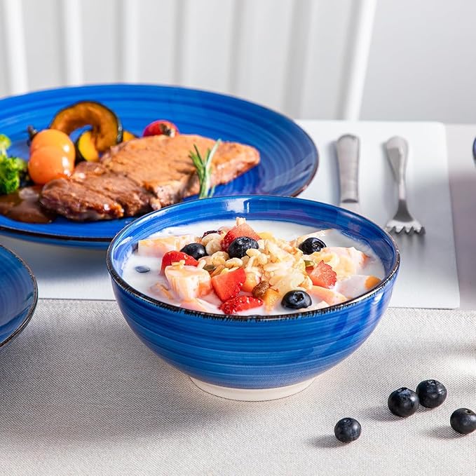 vancasso Bonita Dinnerware Set 24 Pieces Blue Stoneware Service for 6, Handpainted Spirals Pattern Stoneware Combination Set-Ruum Studio Home