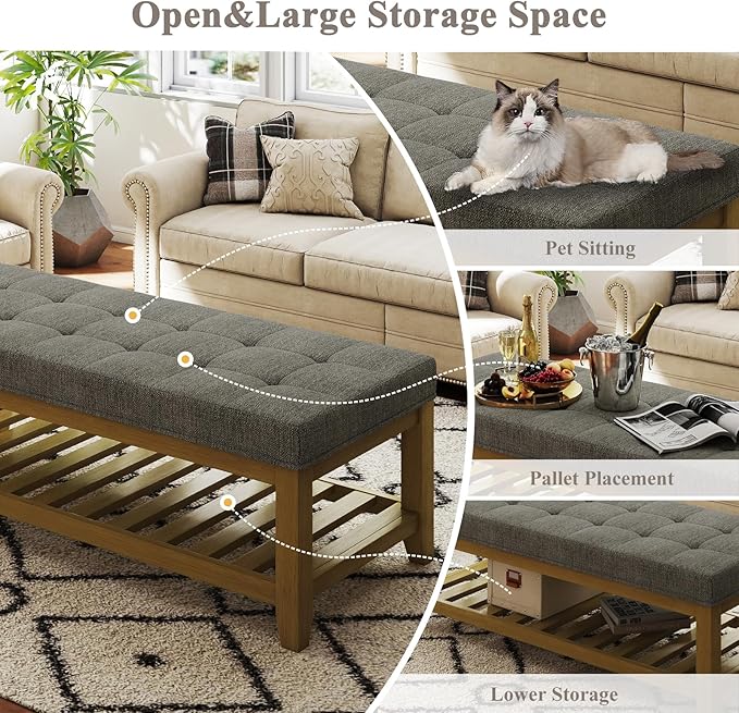 Large Rectangular Upholstered Ottoman Bench, Linen Tufted Footrest Ottoman with Solid Wood Shelf Storage Coffee Table for Bedroom Living Room, Granite-Ruum Studio Home