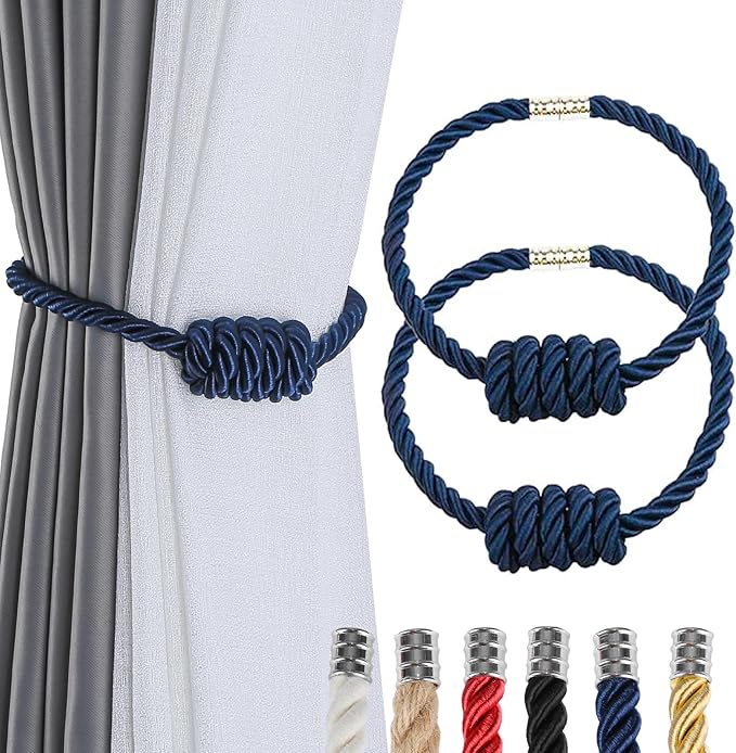 Fenghuangwu 2Pack Magnetic Curtain Tiebacks – Bohemian Style Handmade Woven Tie-Backs for Drapes,Elegant Exquisite Knot Holdbacks,Outdoor Boho & Modern Home Decor（Navy-Ruum Studio Home
