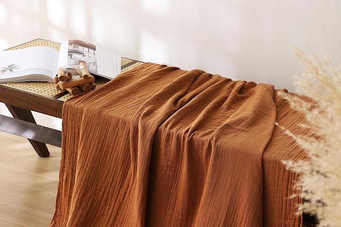 100% Cotton Muslin Throw Blanket for Bed, Couch, Travel, Luxuriously Soft, Pre-Washed, Breathable and Lightweight Gauze Blanket with Tassels, Suitable for All Seasons, Rust, 50"x60"-Ruum Studio Home