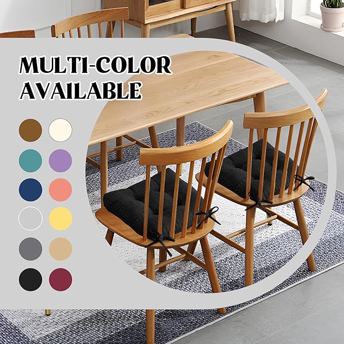 puredown® Chair Cushions for Dining Chairs, Tufted Memory Foam Chair Pads with Non-Slip Backing, Kitchen Seat Cushions with Ties, Washable Seat Pad Set of 4, 15.5" x 15.5" x 4", Black-Ruum Studio Home