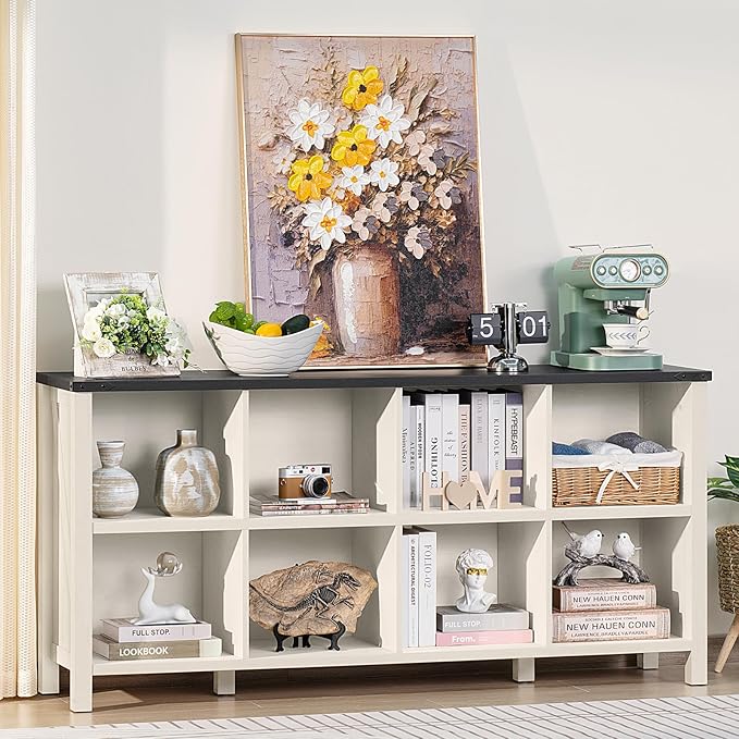 8 Cube Book Shelf, Farmhouse Wood Long Storage Organizer Bookcase, 62" Horizontal Antique White & Black Console Bookshelf, Kids Toy Storage Cabinet, Modern Open Book Case for Playroom, Office-Ruum Studio Home