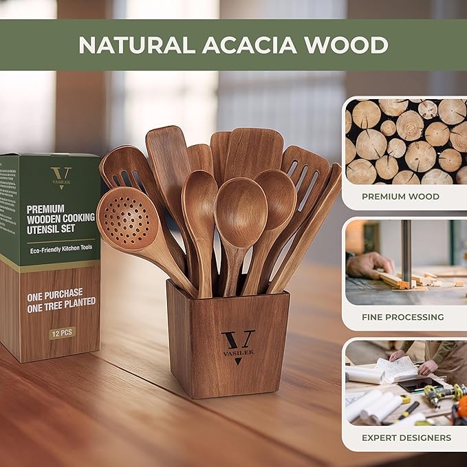 Vasilek Wooden Cooking Utensils Set – 12-Piece Acacia Wood Kitchen Utensil Set with Square Holder & Spoon Rest, Non Toxic Wooden Tools for Nonstick Cookware, Spatula, Ladle, Serving Spoon-Ruum Studio Home