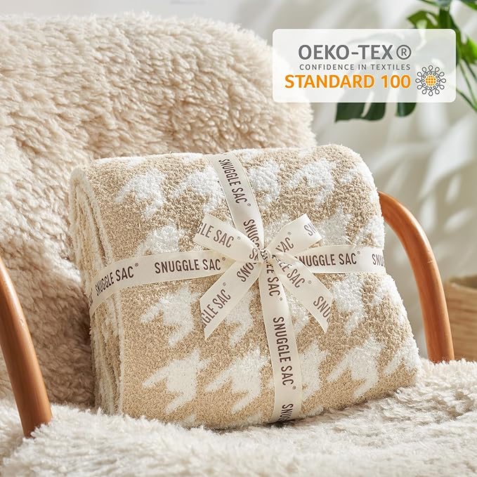 Snuggle Sac Throw Blanket for Couch, Reversible Super Soft Warm Blankets Cozy Knit Fuzzy Plush Lightweight Throws for Sofa, Bed, Camping,Houndstooth Beige,50x60 inches-Ruum Studio Home