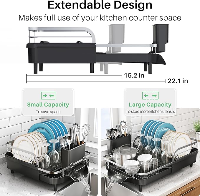 Dish Drying Rack, Expandable Dish Rack for Kitchen Counter, Stainless Steel Dish Drainer with Drainboard Set and Utensil Holder (Black)-Ruum Studio Home