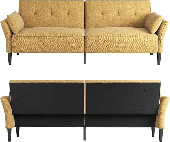 89” Futon Sofa Bed, Linen Comfy Futon Couch Bed with 2 Square Pillows, Convertible Sleeper Sofa with Adjustable Backrest& Armrests, Modern Loveseat Sleeper for Living Room, Bedroom, Yellow-Ruum Studio Home