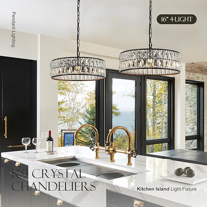 16” 4-Light Modern Crystal Chandeliers Black Dinning Room Light Fixture, Round Pendant Light Kitchen Island Chandelier, Flush Mount Ceiling Light for Living Room Entryway Bedroom Foyer-Ruum Studio Home