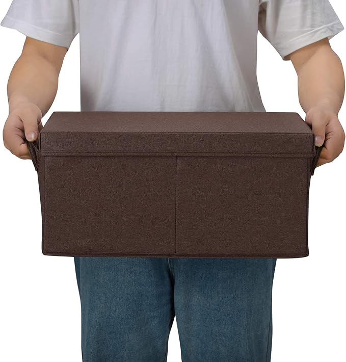 HOONEX Linen Foldable Storage Bins with Lids, 2 Pack, Storage Boxes with Carrying Handles and Sturdy Heavy Cardboard, 16.5" L x 11.8" W x 7.5" H for Shoes, Clothes, Brown-Ruum Studio Home