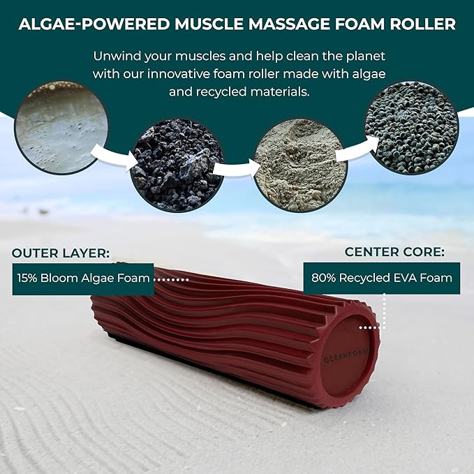 Oceanfoam Tidal Roller - Maroon - Muscle Massage Foam Roller for Back Pain & Stretching - Firm and Ergonomic Wide Wave Textured - Yoga, Athletics, & Wellness - Full Size, 20" x 5"-Ruum Studio Home