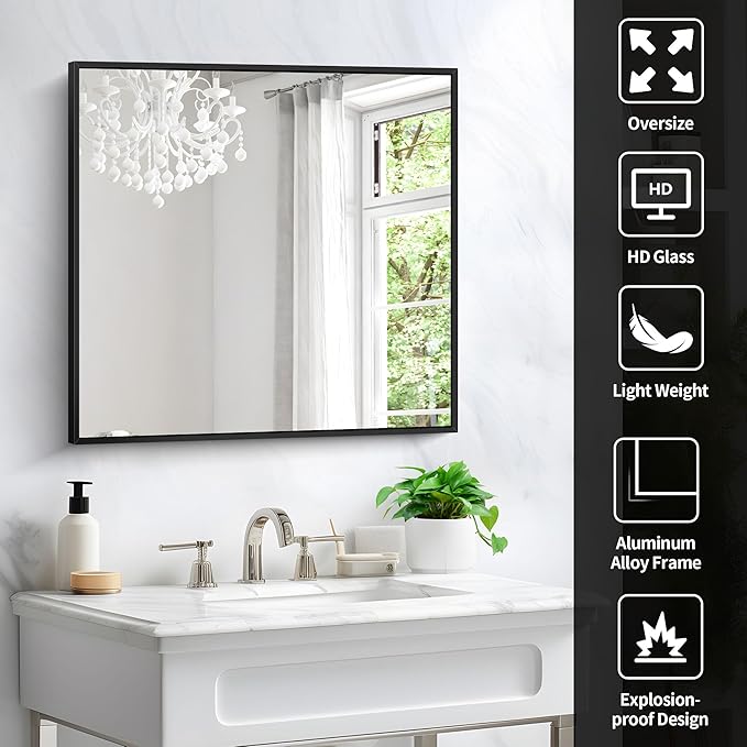 Black Bathroom Mirror for Wall, 30x30 Inch Rectangle Mirrors with Metal Frame, Modern Vanity Wall Square Mirror for Bathroom Living Room, Entryway Hangs Horizontal or Vertical-Ruum Studio Home