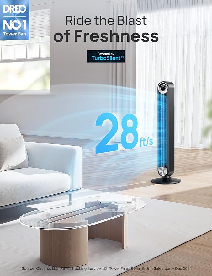 Dreo Tower Fan for Bedroom, 90° Oscillating Standing Floor Fan with 28ft/s Velocity, 25dB Quiet for Sleep, DC Motor, 9 Speeds, 4 Modes, 12H Timer, Voice & APP & Remote Control, 42" Cruiser Pro T2 S-Ruum Studio Home