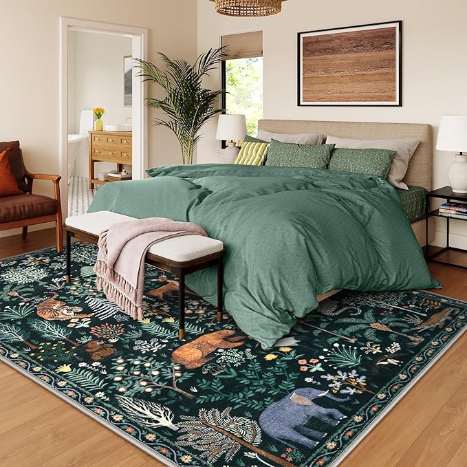 OJIA Jungle Print 8x10 Rugs for Living Room, Green Soft Bedroom Rug Washable Area Rugs 8x10, Modern Dining Room Rug Stain Resistant Floor Carpet for Playroom Kids Nursery Office, Green-Ruum Studio Home