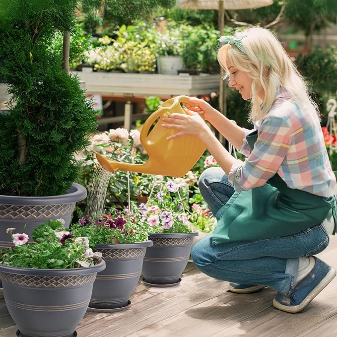 4 Pack 16 Inch Large Plant Pots, Plastic Flower Pot for Indoor & Outdoor with Drainage Holes & Saucer, Plaid Pattern Planters Garden Pots for Herbs Gold-Ruum Studio Home
