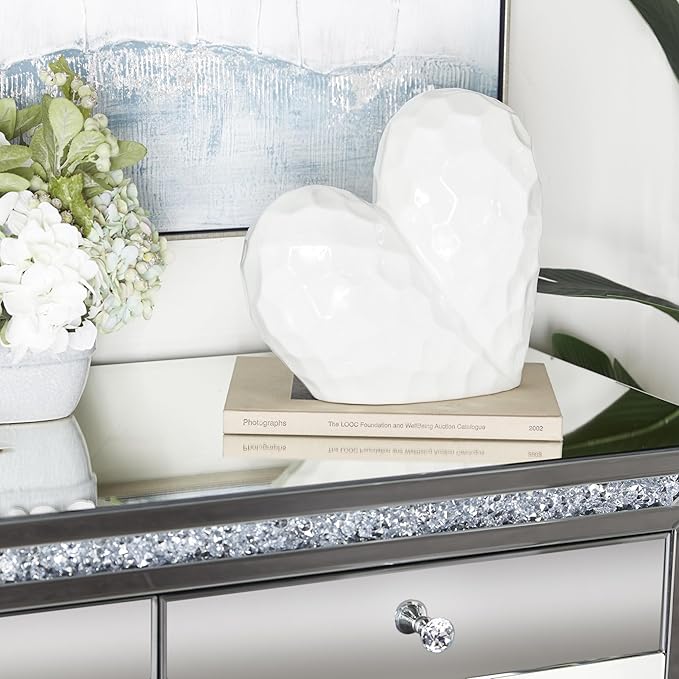 Deco 79 Porcelain Ceramic Heart Decorative Sculpture Dimensional Angled Origami Inspired Home Decor Statue, Accent Figurine 12" x 6" x 11", White-Ruum Studio Home