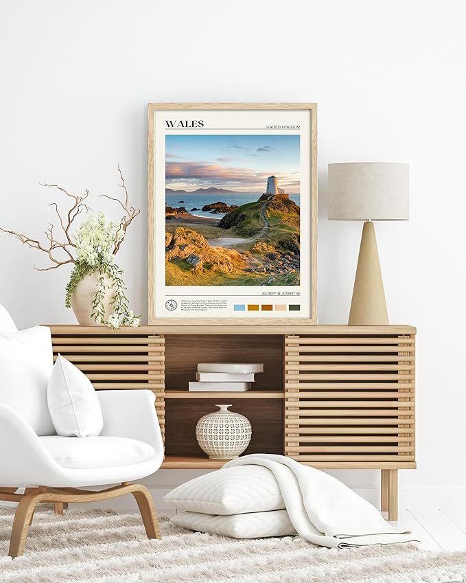 HesenDot Natural OAK Wood Framed Wales Wall Art,12x16in Tŵr Mawr Lighthouse Seascape Canvas Wall Print Posters, Classic Urban Landmark Wall Decor for Living Room, Bedroom, Office Gallery Set of 1-Ruum Studio Home