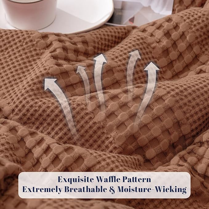 PHF Cooling Waffle Blanket Queen Size,Lightweight 60% Rayon Derived from Bamboo & 40% Cotton Breathable Blanket for Hot Sleepers, Soft and Luxury for Bed Couch and Sofa, 90"x90", Burnt Umber-Ruum Studio Home
