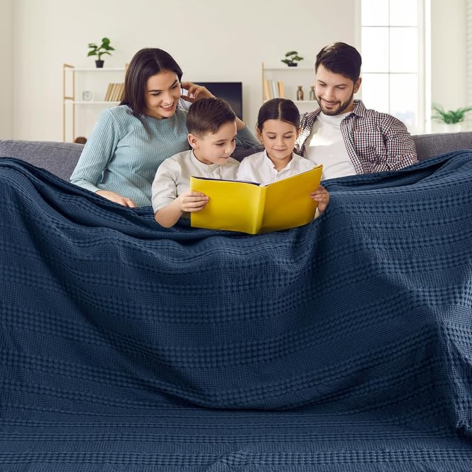 PHF Cooling Waffle Blanket California King Size, Lightweight 60% Rayon Derived from Bamboo & 40% Cotton Breathable Blanket for Hot Sleepers, Soft and Luxury for Bed Couch and Sofa, 110"x96", Navy Blue-Ruum Studio Home