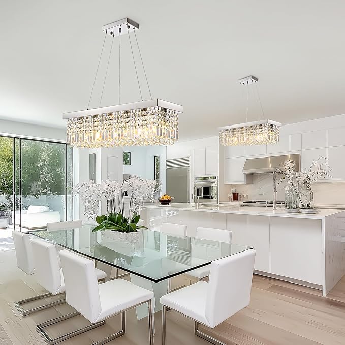 Modern Crystal Chandelier for Dining Room,6 Light K9 Crystal Rectangle Chandelier, Rectangular Pendant Ceiling Light Fixture for Living Room Kitchen Island L31.5''xW10''xH10''-Ruum Studio Home