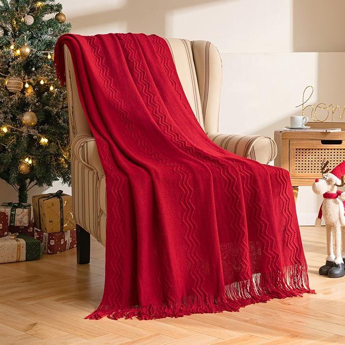MIULEE Red Knitted Throw Blanket for Couch Boho Textured Cozy Woven Blanket with Tassels for Sofa Chair Bed Living Room Acrylic Wave Pattern 60"x80"-Ruum Studio Home